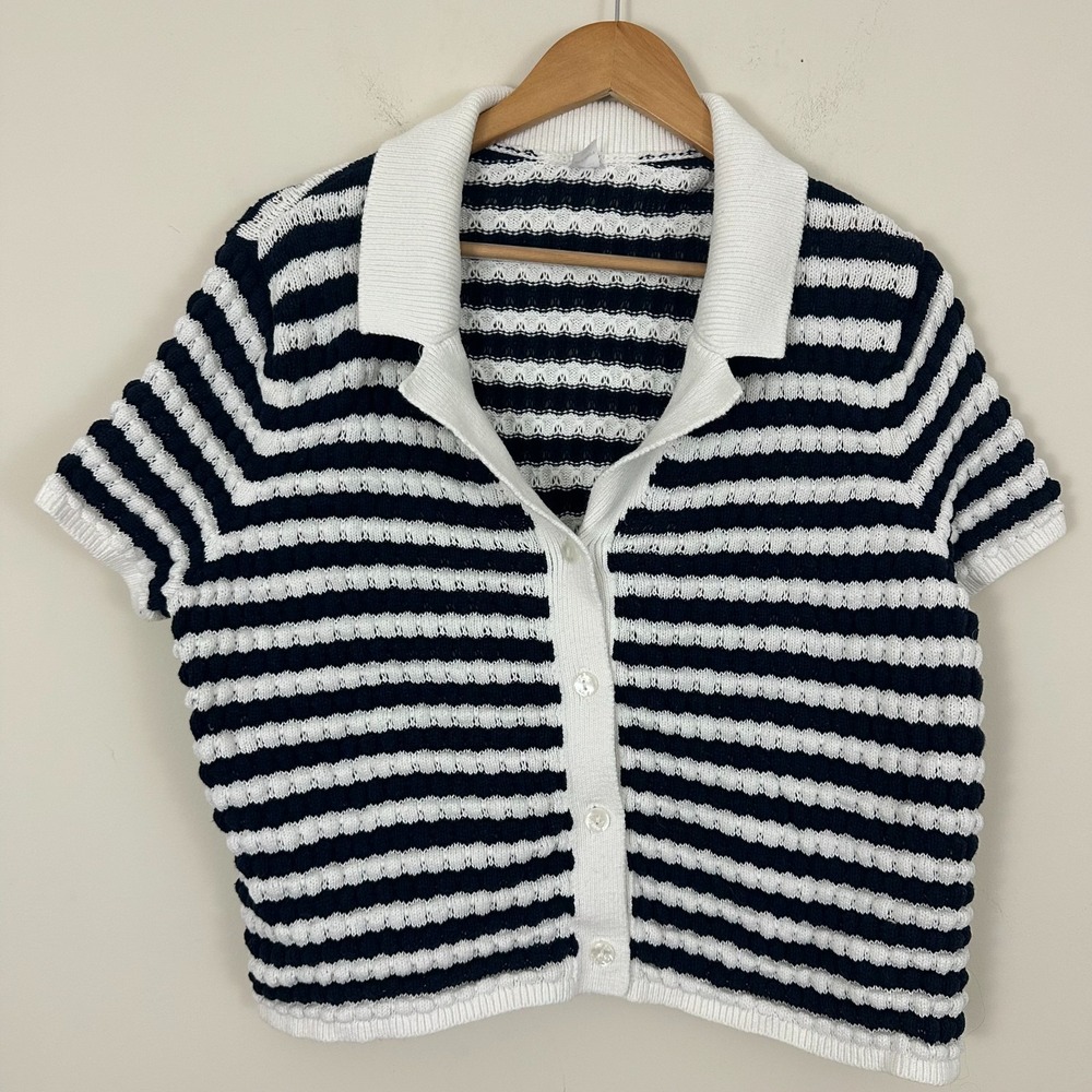 Old Navy Polo Nautical Coastal Sweater Navy Blue White Striped Knit  Womens XL